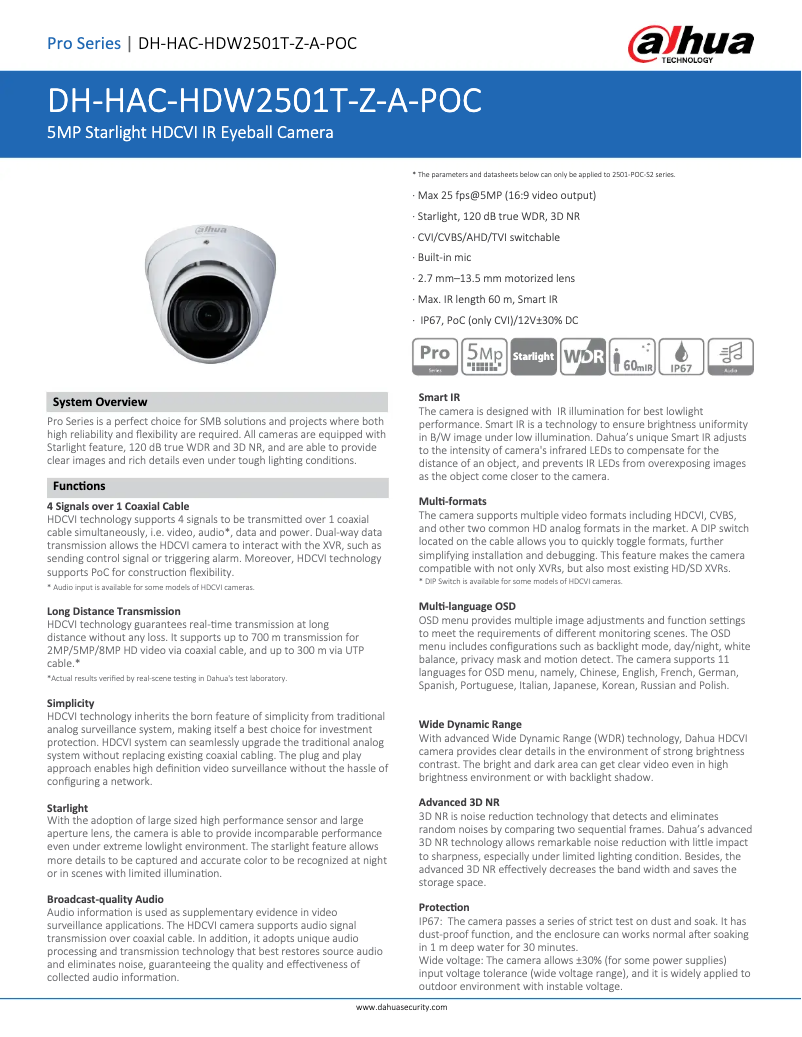 Page n°1 - Fiche technique Dahua Technology HAC-HDW2501T-Z-A-POC