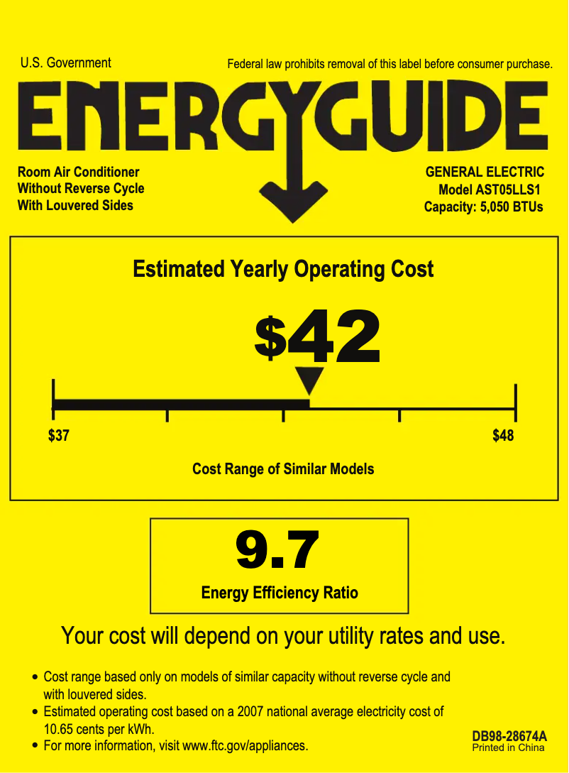 Page 1 de la notice Label énergétique GE AST05LL