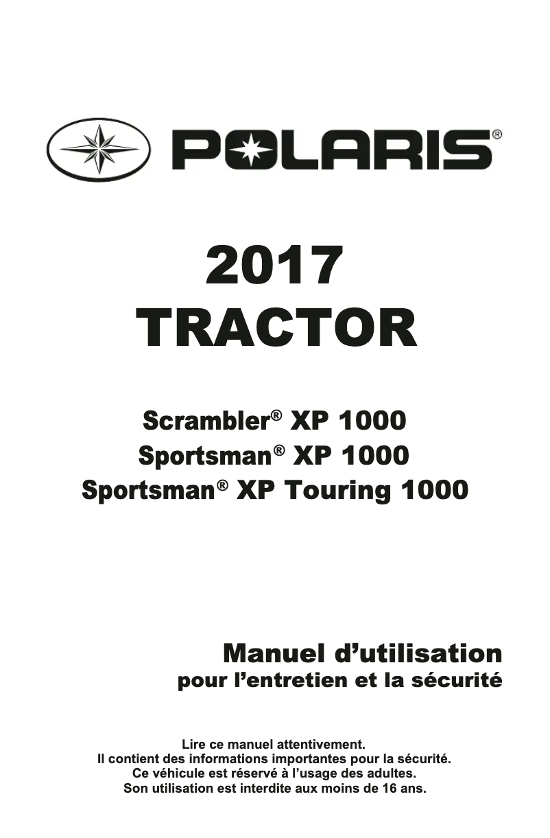 Page 1 de la notice Manuel utilisateur Polaris Sportsman XP 1000 Touring (2017)