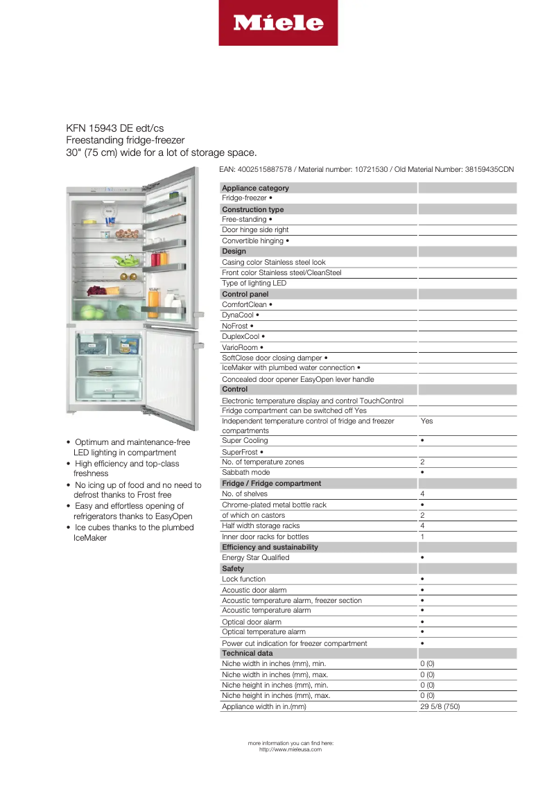 Page 1 de la notice Fiche technique Miele KFN 15943 DE