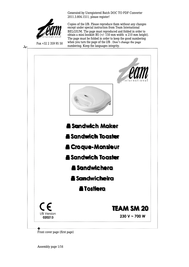Page n°1 - Manuel utilisateur Team SM 20