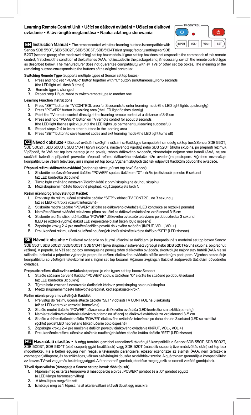 Page 1 de la notice Manuel utilisateur Sencor SDB Learning RCU