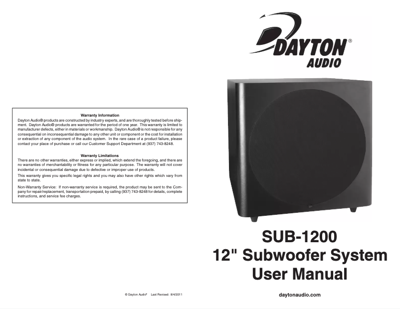 Page n°1 - Manuel utilisateur Dayton Audio SUB-1200