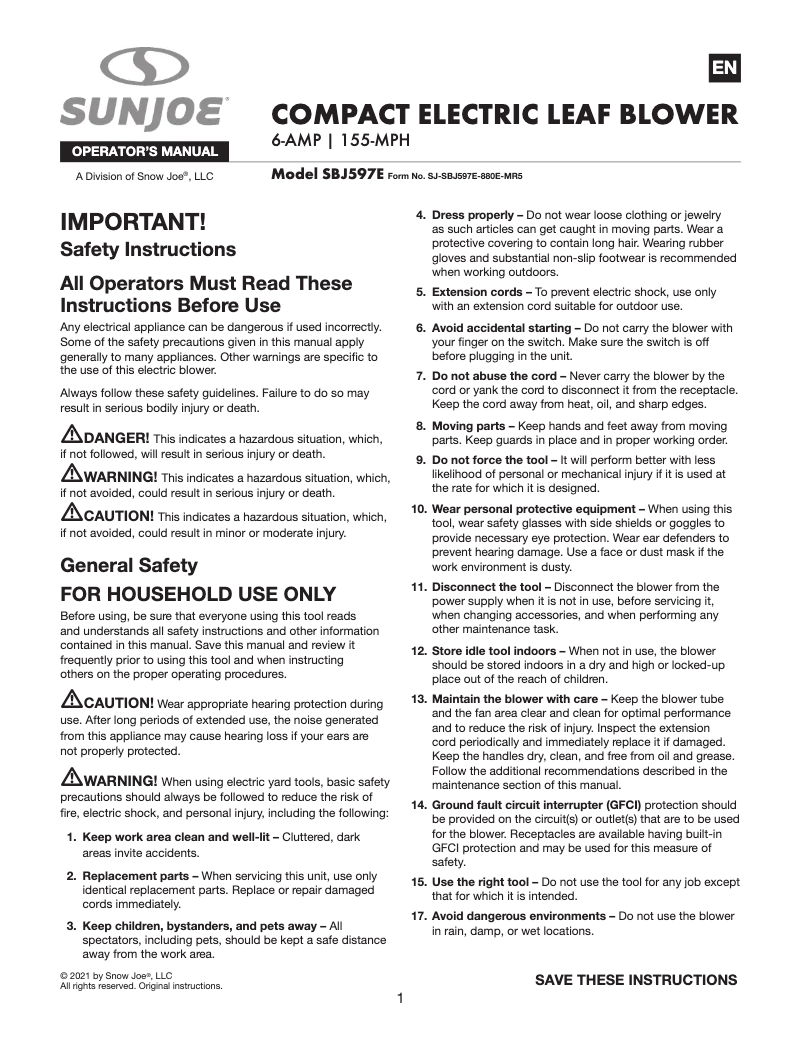 Page 1 de la notice Manuel utilisateur Sun Joe SBJ597E-SJB