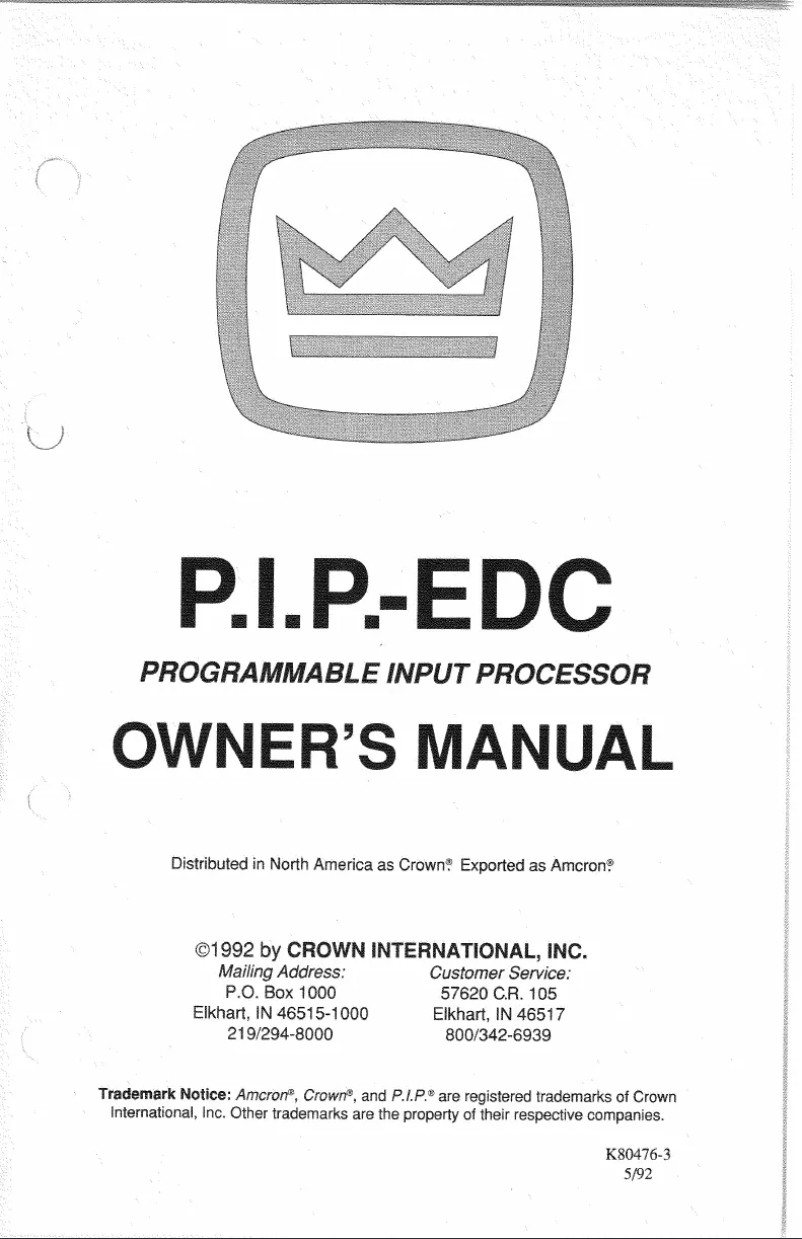 Page 1 de la notice Manuel utilisateur Crown P.I.P.-EDC