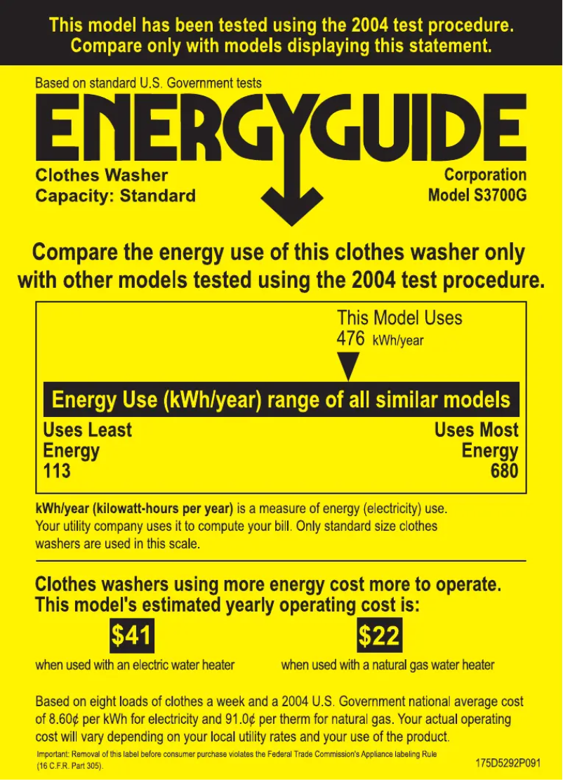 Page 1 de la notice Label énergétique GE S3700GWW