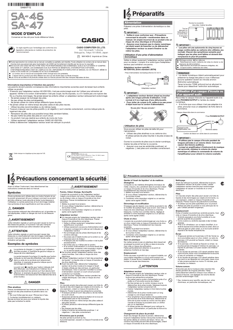 Página 1 del manual Manual de usuario Casio SA-47