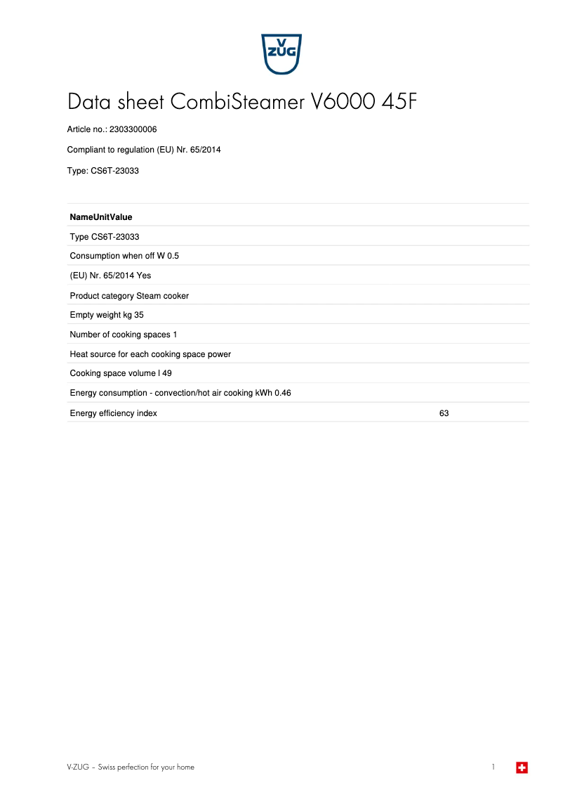 Page 1 de la notice Fiche technique V-Zug CombiSteamer V6000 45F