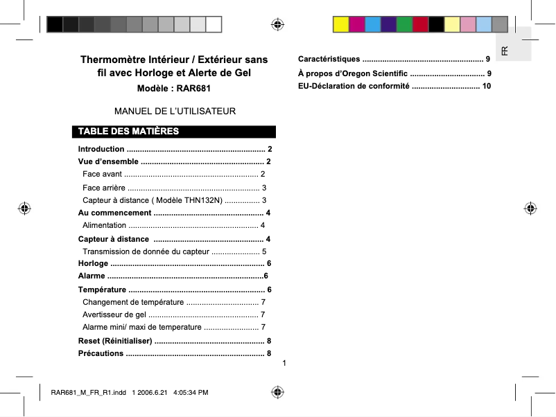 Page 1 de la notice Manuel utilisateur Oregon Scientific RAR681