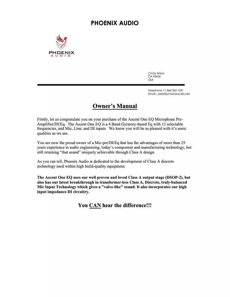 Page 1 de la notice Manuel utilisateur Phoenix Audio Ascent One