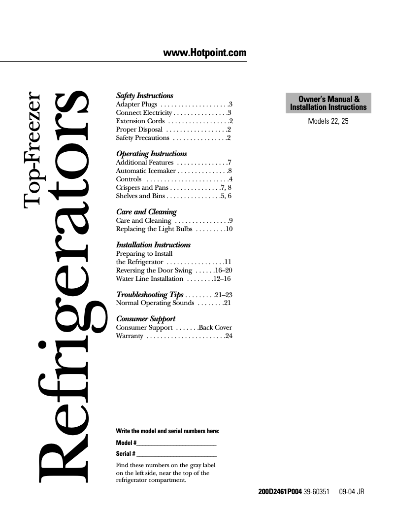 Page n°1 - Manuel utilisateur Hotpoint HTS22CBPCC