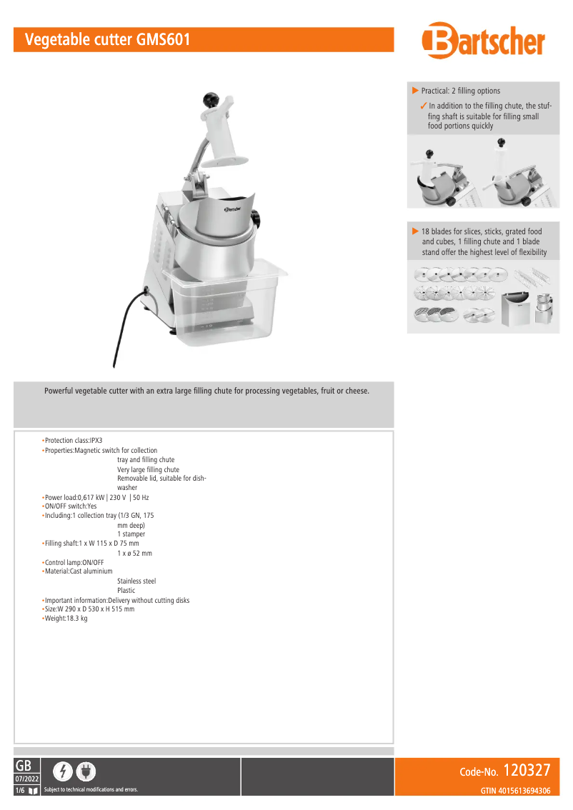 Page n°1 - Fiche technique Bartscher GMS601