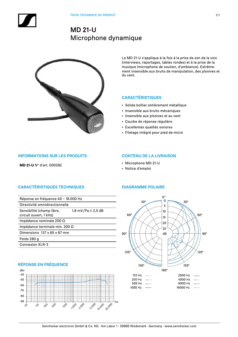 Page 1 de la notice Fiche technique Sennheiser MD 21-U