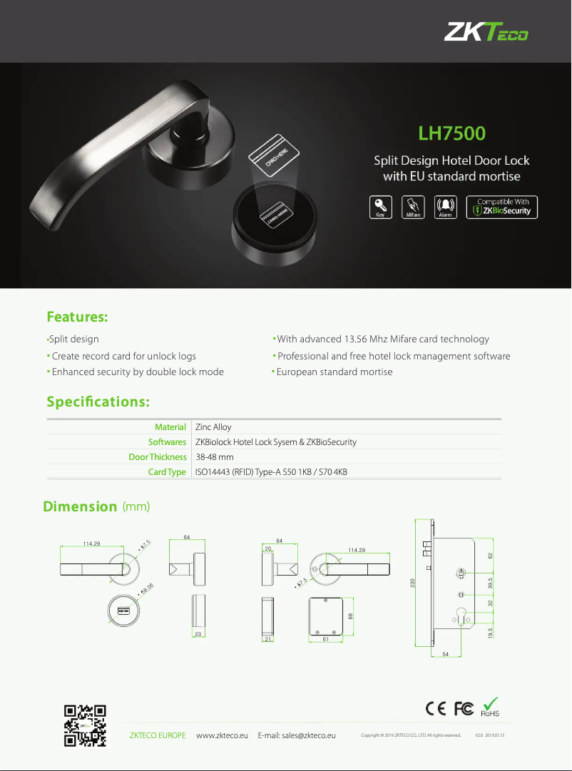 Page 1 de la notice Fiche technique ZKTeco LH7500