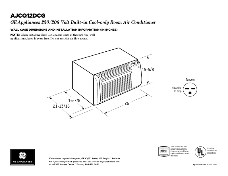 Página 1 del manual Ficha técnica GE AJCQ12DCG