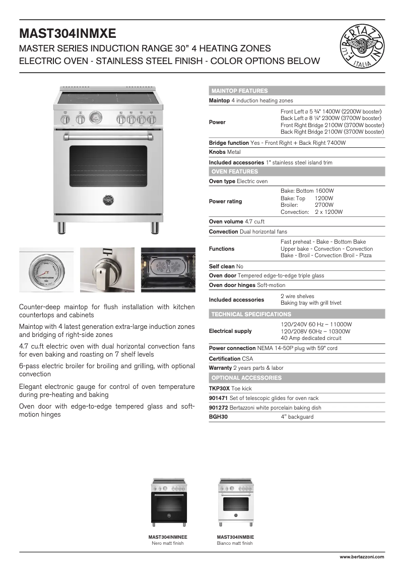 Page n°1 - Fiche technique Bertazzoni MAST304INMBIE