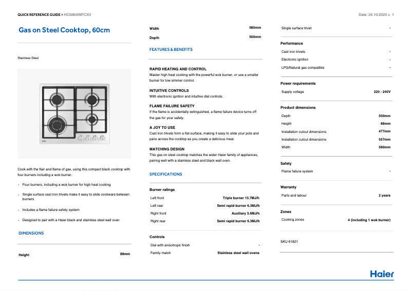 Page 1 de la notice Manuel utilisateur Haier HCG604WFCX3