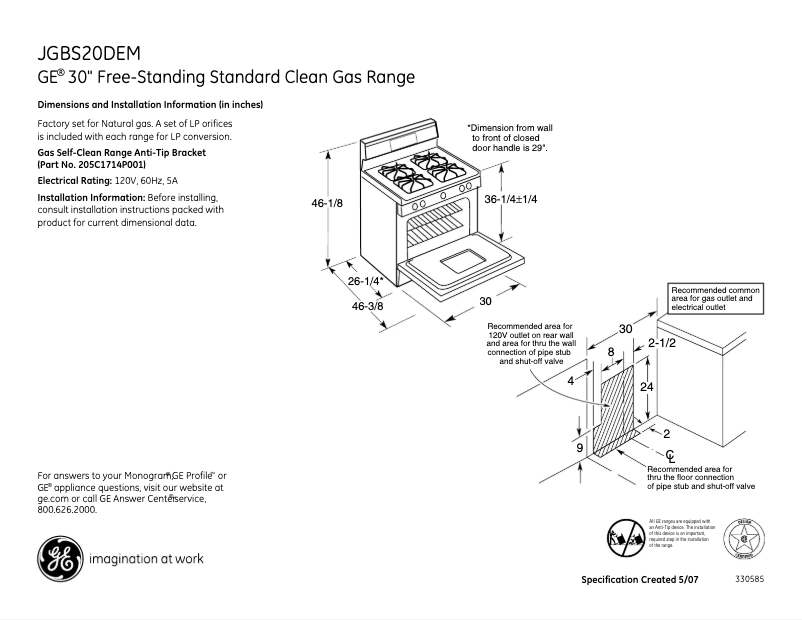 Page 1 de la notice Fiche technique GE JGBS20DEMBB