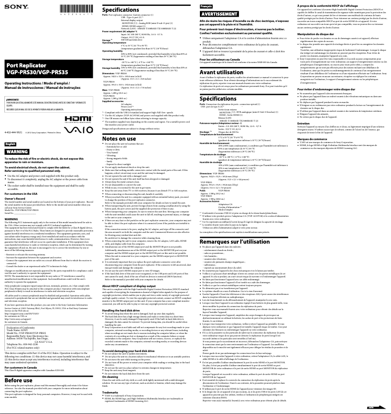 Image de la première page du manuel de l'appareil VAIO VGP-PRS35