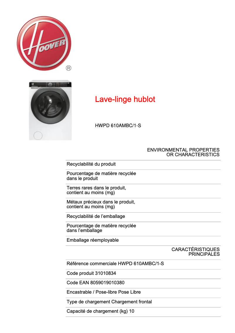 Page 1 de la notice Fiche technique Hoover HWDP 610AMBC/1-S