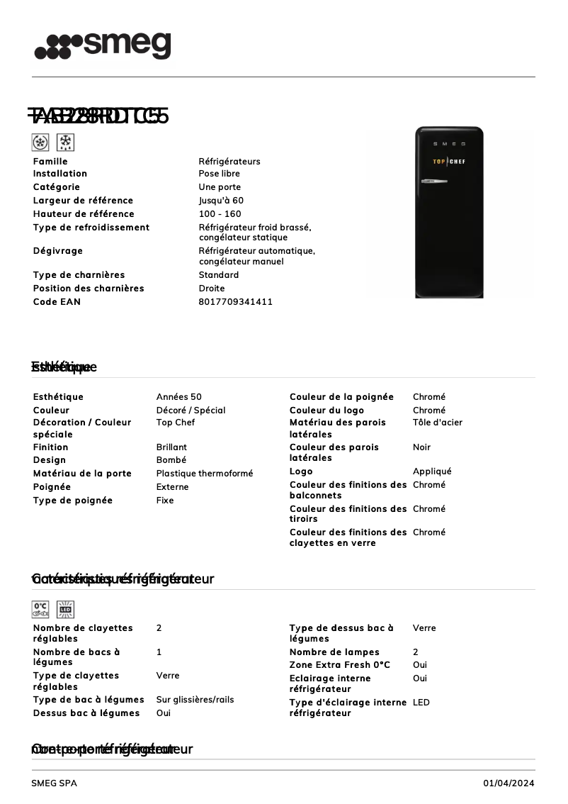 Page 1 de la notice Fiche technique Smeg FAB28RDTC5