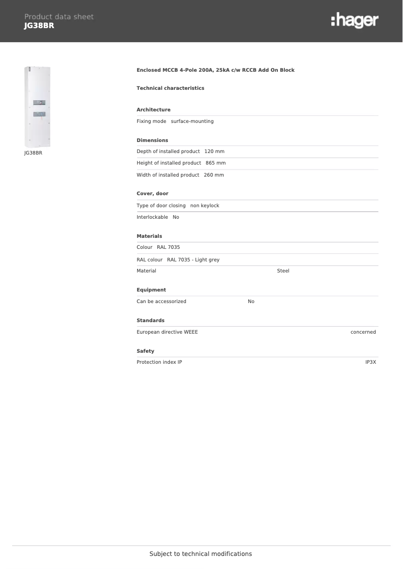Page n°1 - Fiche technique Hager JG38BR