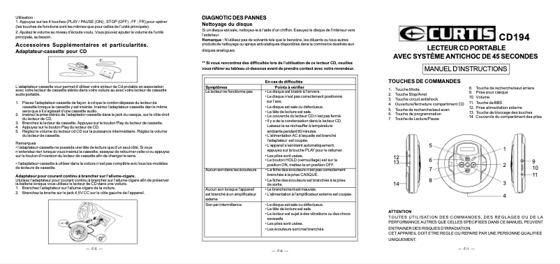 Page 1 de la notice Manuel utilisateur Curtis CD194