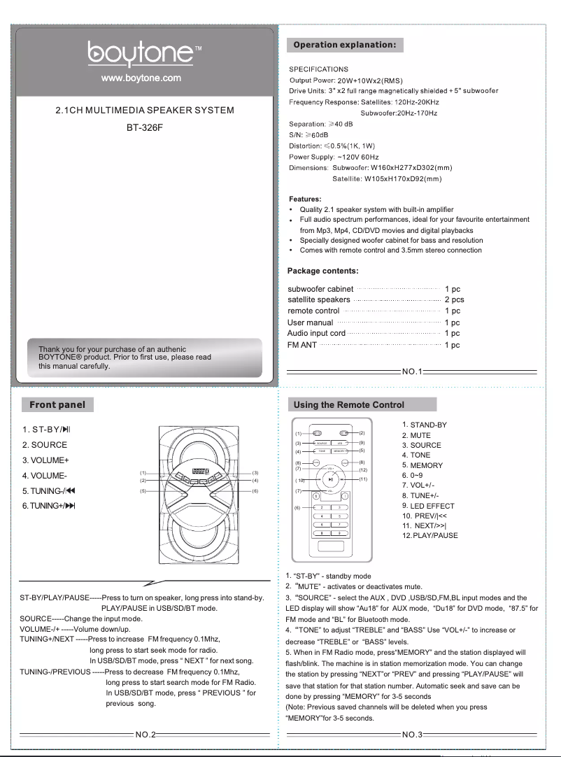 Page 1 de la notice Manuel utilisateur Boytone BT-626F