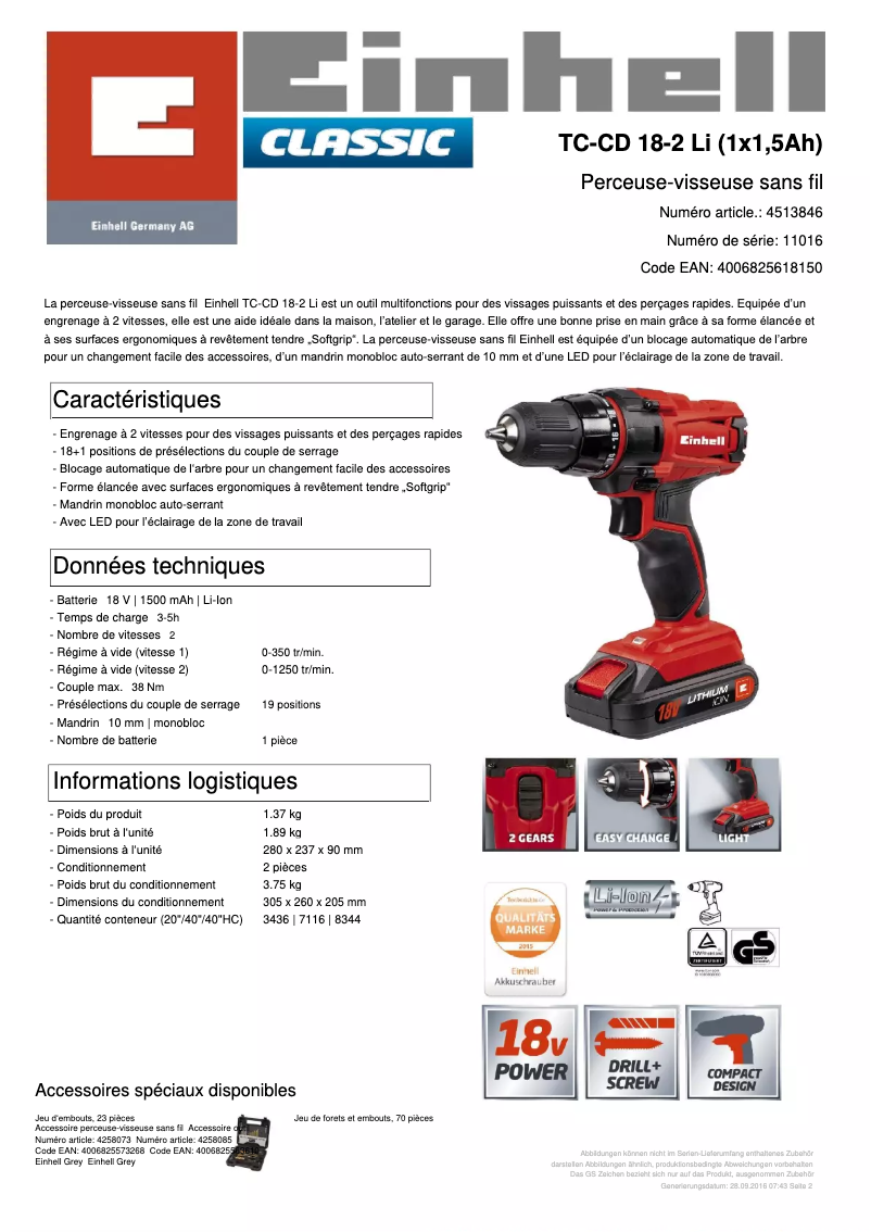 Page 1 de la notice Fiche technique Einhell TC-CD 18-2 Li