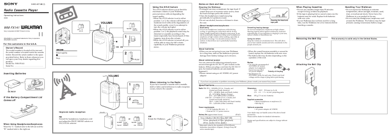 Image de la première page du manuel de l'appareil Walkman WM-FX141