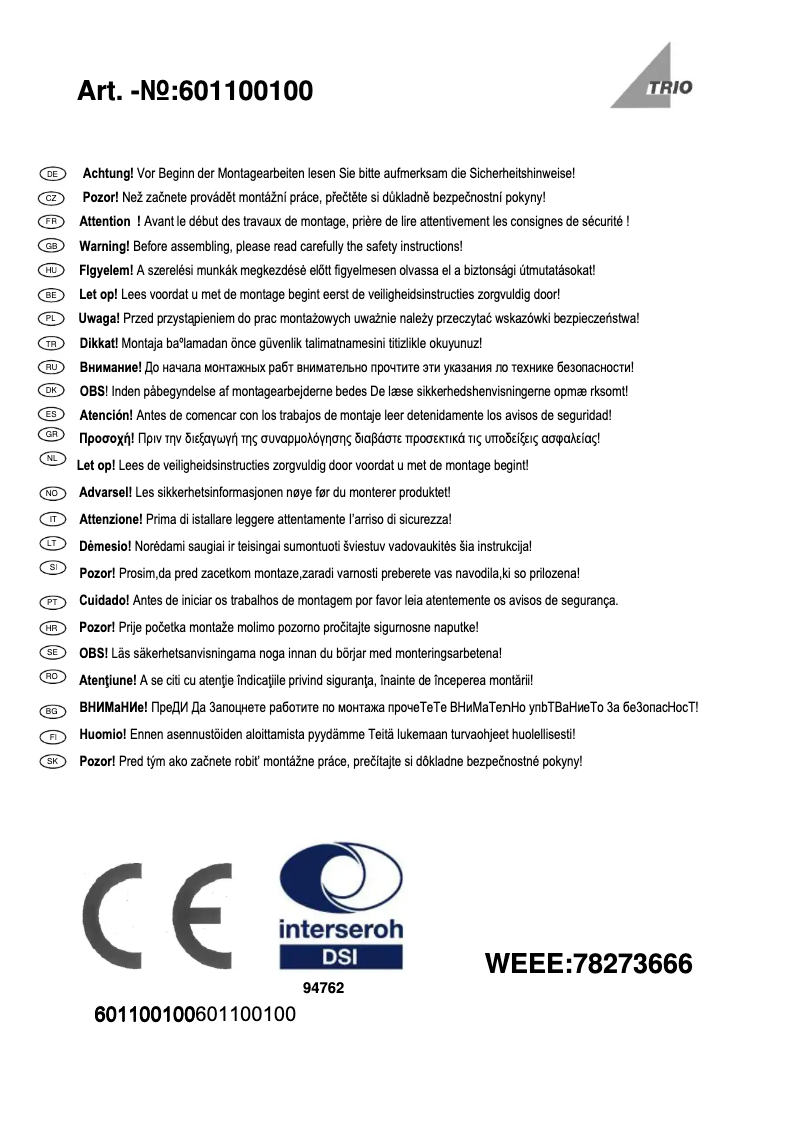 Page 1 de la notice Manuel utilisateur Trio Lighting Espejo 601100100