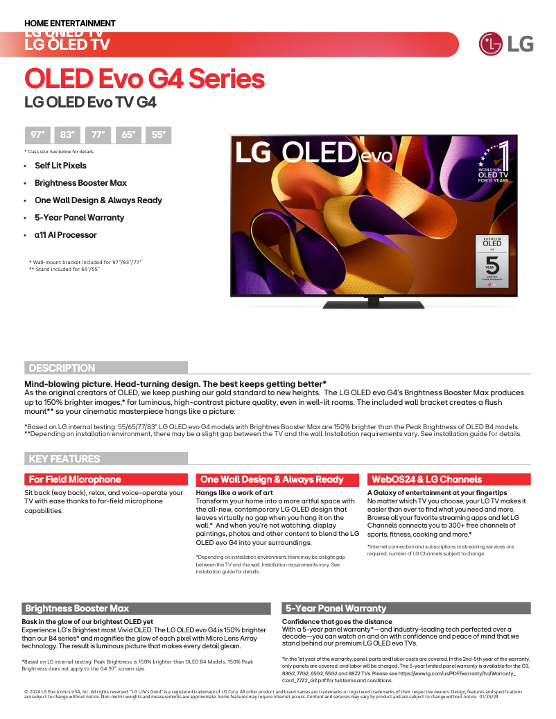 Page n°1 - Fiche technique LG OLED97G4WUA