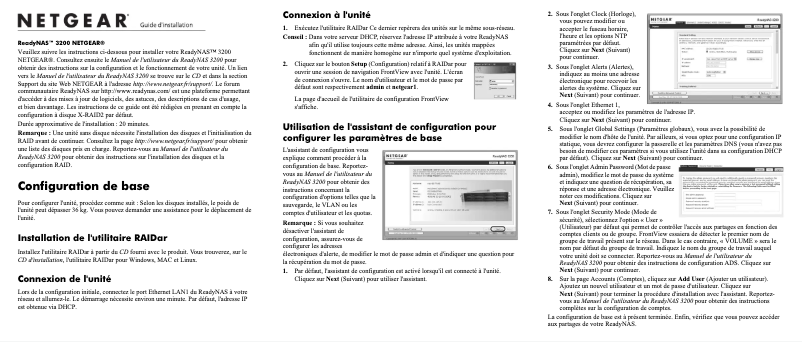 Page 1 de la notice Guide d'installation Netgear ReadyNAS R12P0610