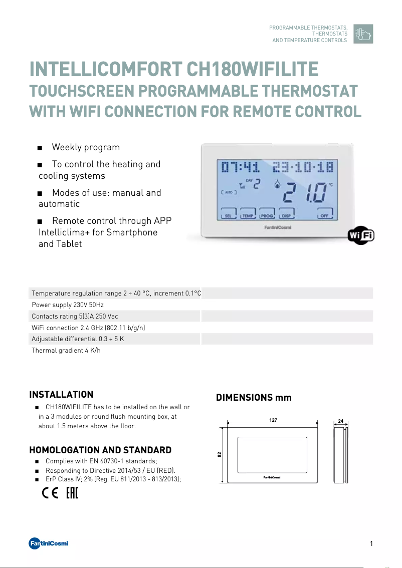 Image de la première page du manuel de l'appareil Intellicomfort CH180WIFILITE