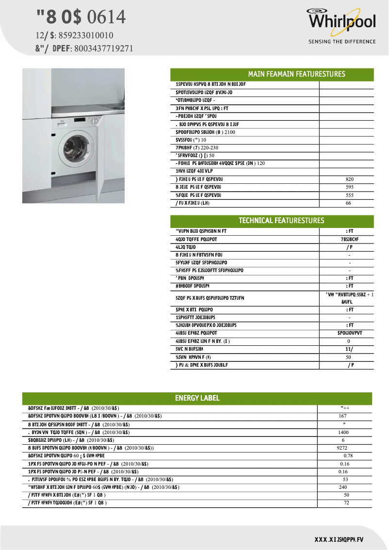 Page 1 de la notice Fiche technique Whirlpool AWOC 0614