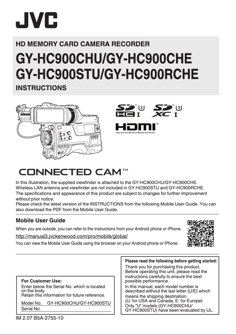 Image de la première page du manuel de l'appareil GY-HC900