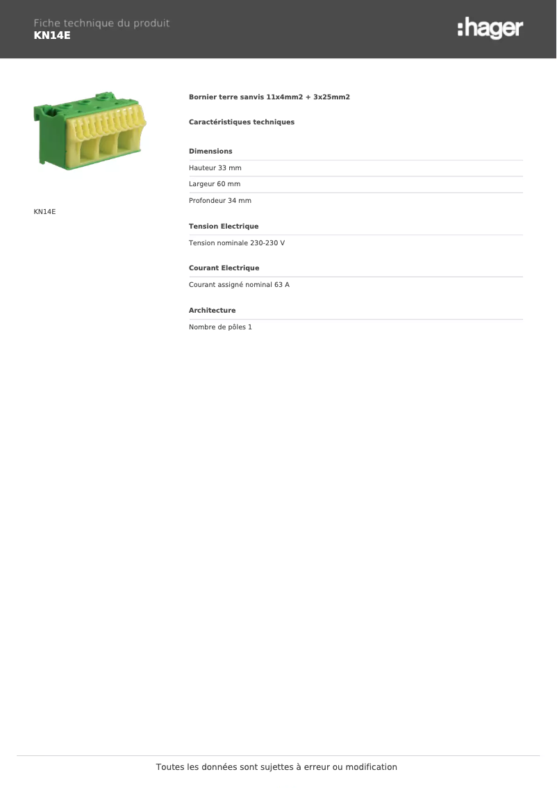 Page 1 de la notice Fiche technique Hager KN14E