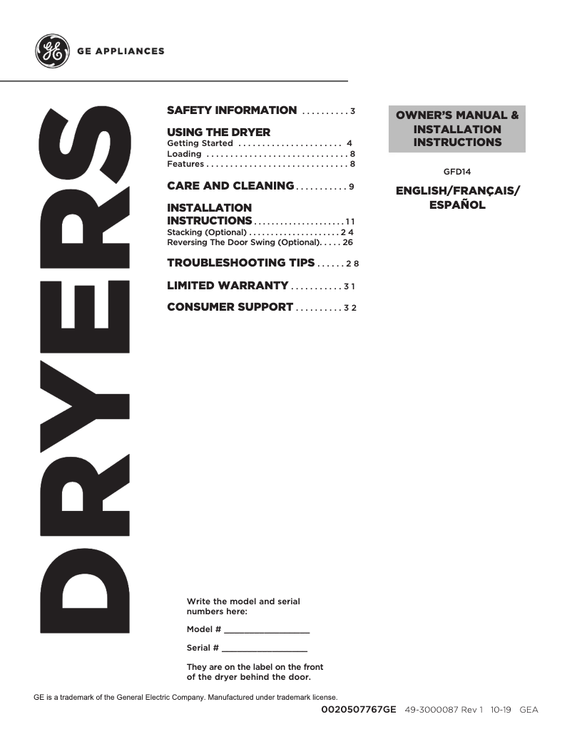 Page n°1 - Guide d'installation GE GFD14ESSNWW