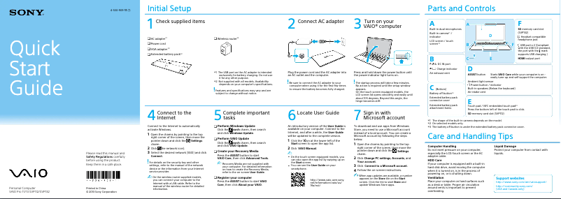 Page 1 de la notice Guide d'installation Sony Vaio SVP13223CXS
