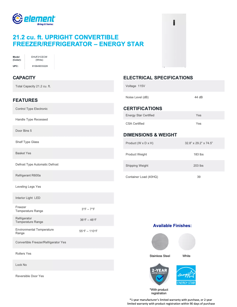 Page 1 de la notice Fiche technique Element EHUF21CECS