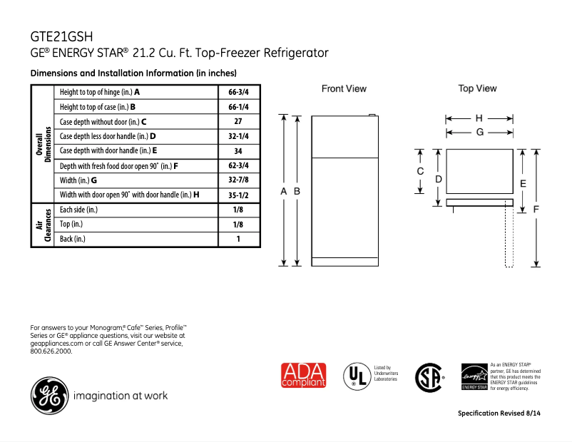 Página 1 del manual Ficha técnica GE GTE21GSHSS