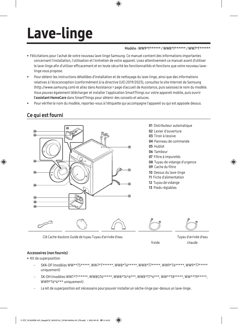 Page 1 de la notice Manuel utilisateur Samsung WW80T534DTW