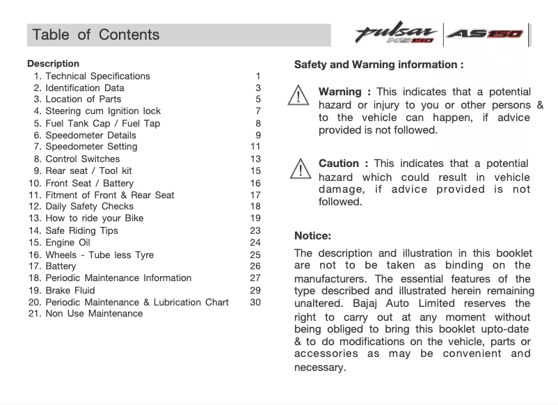 Página 1 del manual Manual de usuario Bajaj Pulsar NS 150