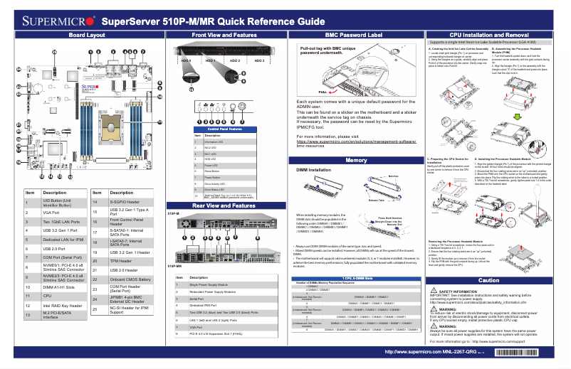 Page 1 de la notice Guide de démarrage rapide Supermicro SuperServer SYS-510P-MR