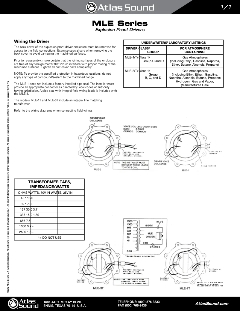 Page 1 de la notice Manuel utilisateur Atlas Sound MLE-3T
