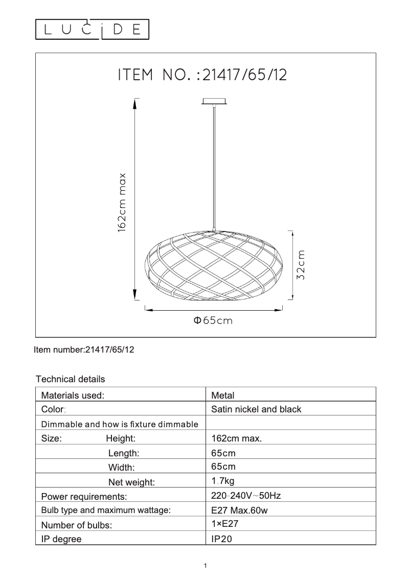 Page 1 of the manual User Manual Lucide Wolfram 21417/65/12