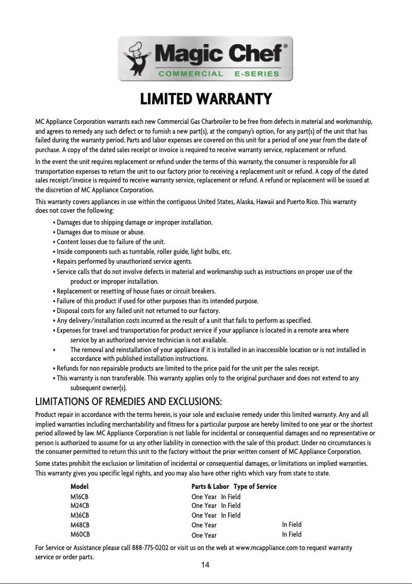 Page 1 de la notice Informations de garantie Magic Chef M36CB