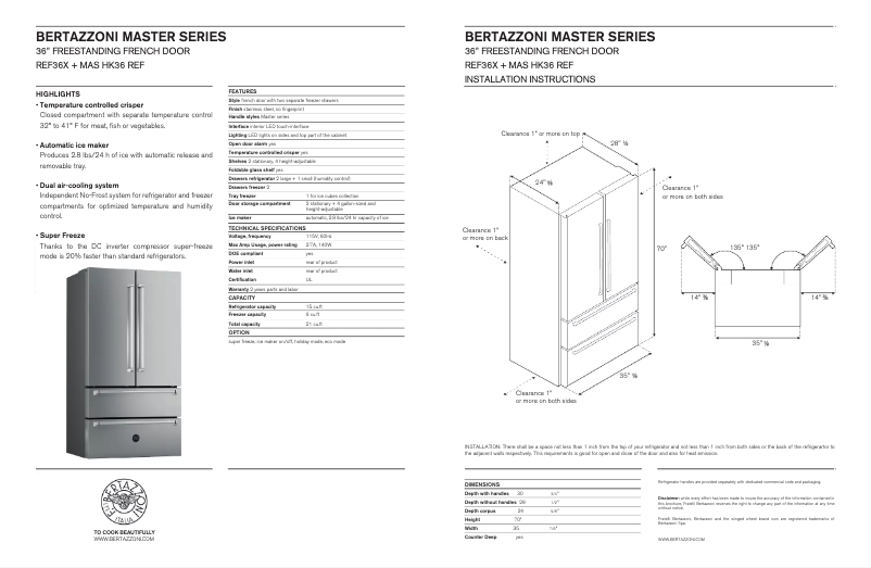 Page 1 de la notice Fiche technique Bertazzoni REF36+MASHK36REF
