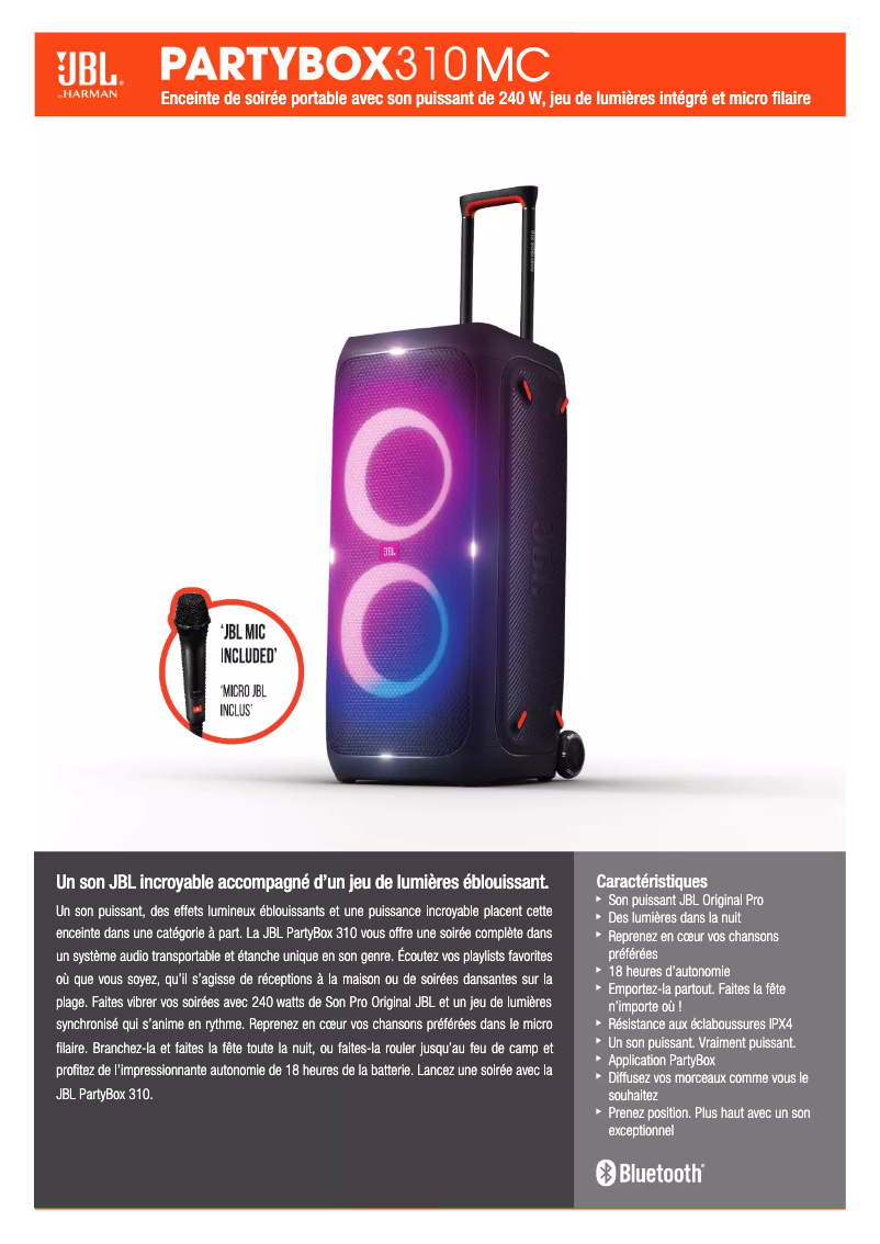 Page 1 de la notice Fiche technique JBL Partybox 310