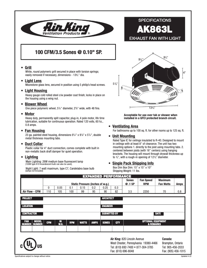 Page 1 de la notice Fiche technique Air King AK863L